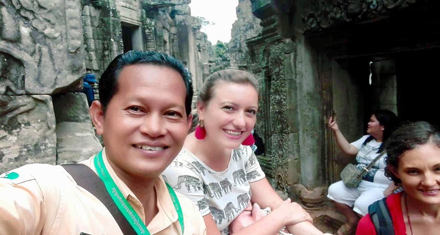 Guide and traveler at temple